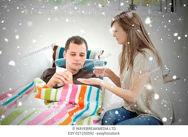 Composite image of positive woman taking care of her husband