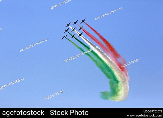 Republic Day. The passage of the Frecce Tricolori seen from the terrace of the Gianicolo. Rome (Italy), June 2nd, 2020