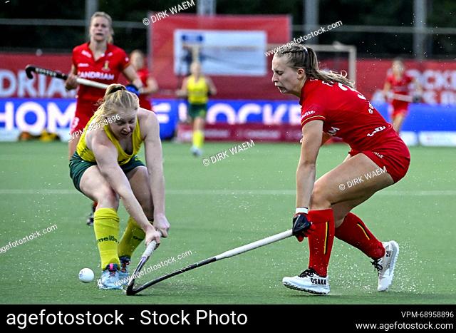 Australia's Amy Lawton and Belgium's Justine Rasir pictured in action during a game between Belgium's Red Panthers and Australia