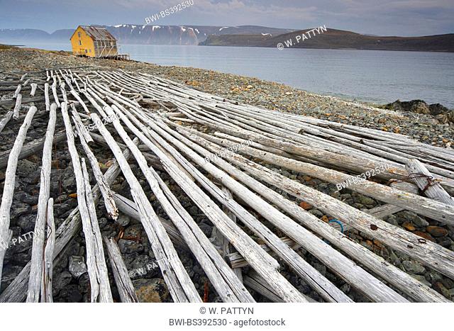 collapsed wooden construction for drying fish, Norway