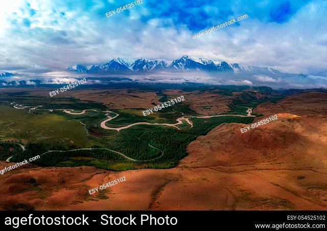 Kurai steppe and North-Chui ridge of Altai mountains, Russia. Aerial drone panoramic picture
