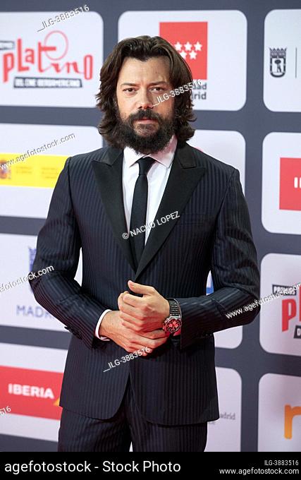 Alvaro Morte attends to Red Carpet of Platino Awards 2021 photocall on October 3, 2021 in Madrid, Spain
