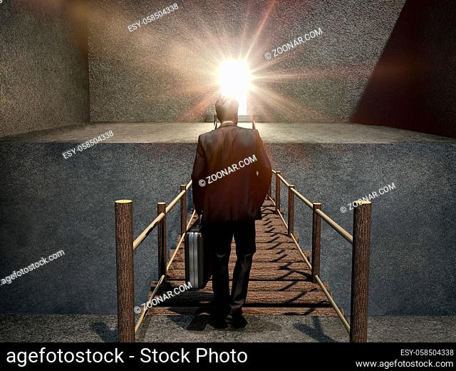 Businessman standing in front of the ladders leading to the bright keyhole. 3D illustration