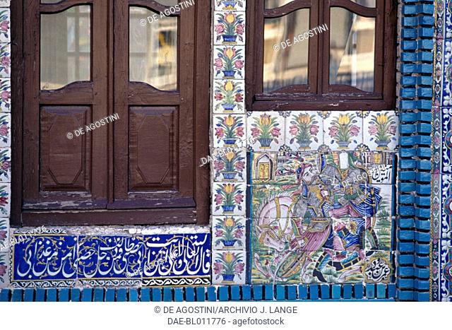 Persian warrior, polychrome tile decorations in Tekyeh Mo'aven ol-Molk, Kermanshah, Iran
