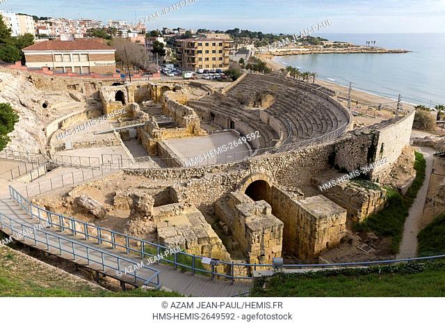 Spain, Catalonia, Tarragona, Roman Amphitheatre 2th century and remains of the Romanesque church of Santa Maria del Miracle 12th century