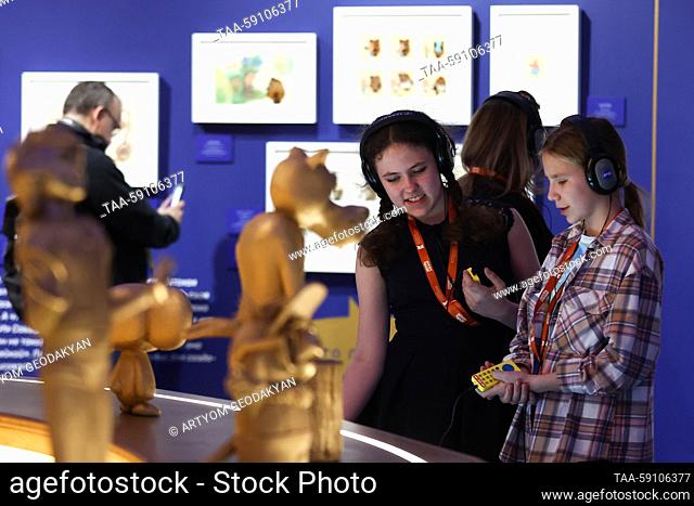 RUSSIA, MOSCOW - MAY 15, 2023: Girls visit the Zhit Druzhno! [Live Friendly!] exhibition opened at the VDNKh Cosmonautics and Aviation Centre to mark 110 years...