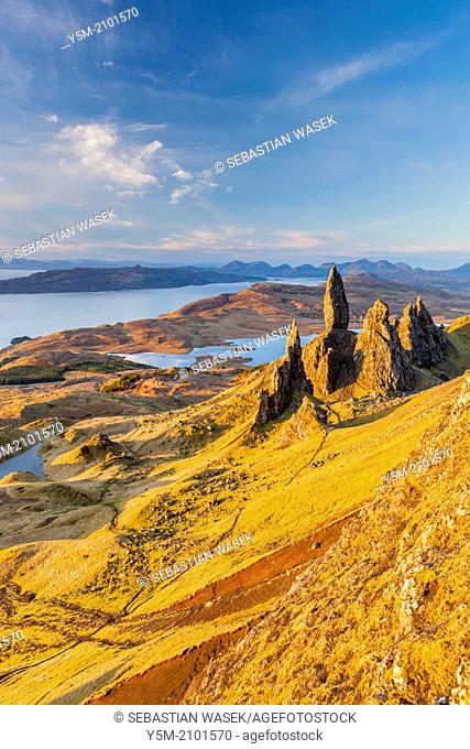 The Old Man of Storr, overlooking Loch Leathan and Sound of Raasay, Isle of Skye, Inner Hebrides, Scotland, UK, Europe
