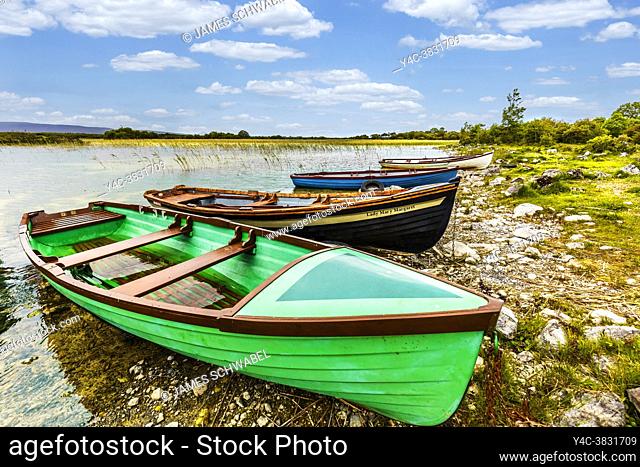 Colorful traditional Irish fishing boats on Lough Carra lake in western Ireland in County Mayo Ireland