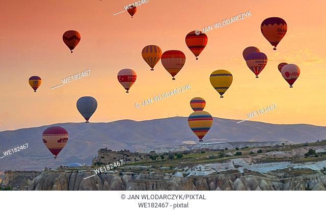 Hot air balloons at sunrise, Goreme, Cappadocia, Turkey