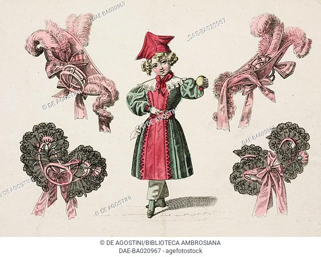 Boy wearing a green and red coat and red hat, with 4 styles of pink-hued ladies' hats decorated with coloured feathers and black lace inserted around him