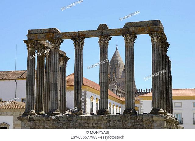 Old Roman temple in the historical center of historic of Evora, an ancient town of Portugal
