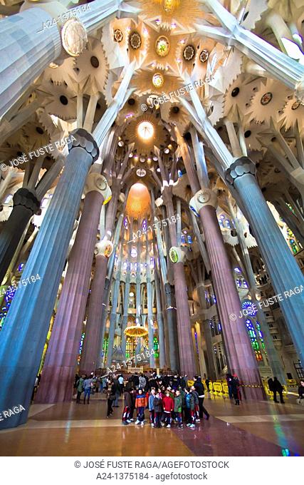 Spain, Catalonia, Barcelona City, Sagrada Familia Temple inside