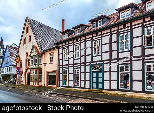 Street with decorative half-timbered houses in Lemgo city center, Germany