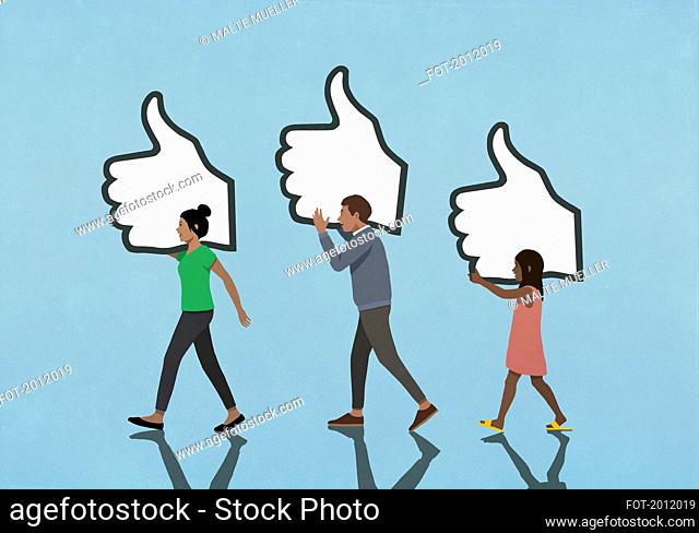 People carrying social media like buttons on blue background