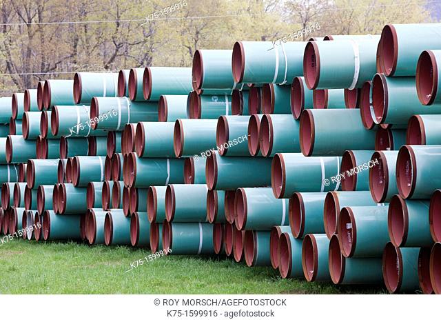 Pipes in stacks ready for Tennessee pipeline in Pennsylvania