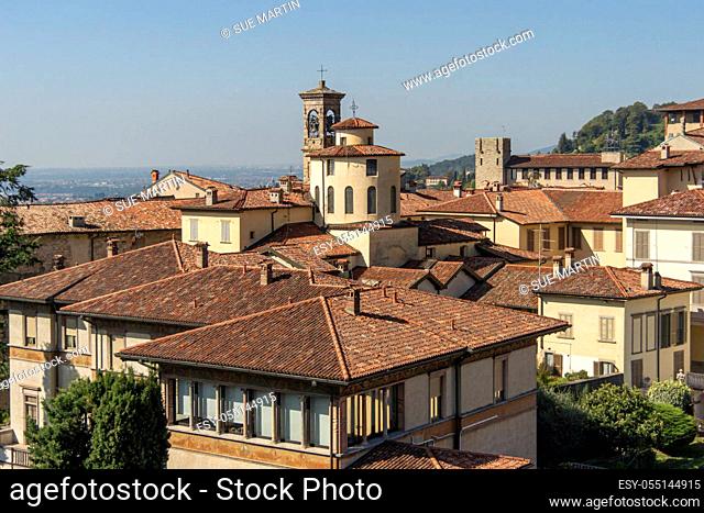 Roofs and towers on the skyline of the old city of Bergamo, Italy