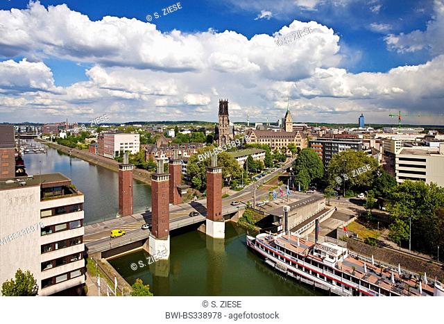 inner harbor, Schwanentor, Salvatorkirche and town hall, Germany, North Rhine-Westphalia, Ruhr Area, Duisburg