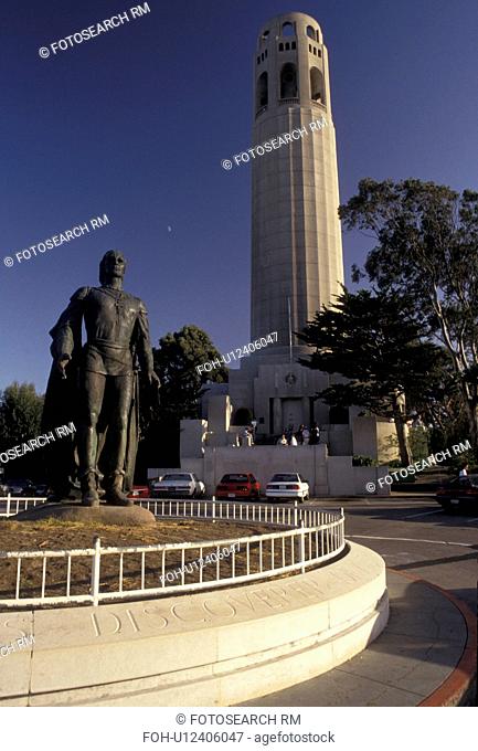 San Francisco, Bay Area, California, Columbus statue in front of the Coit Tower on Telegraph Hill in San Francisco in the state of California