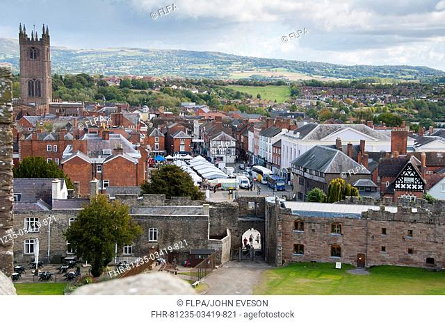 View of market town and surrounding countryside from castle, Ludlow Castle, Ludlow, Shropshire, England, september