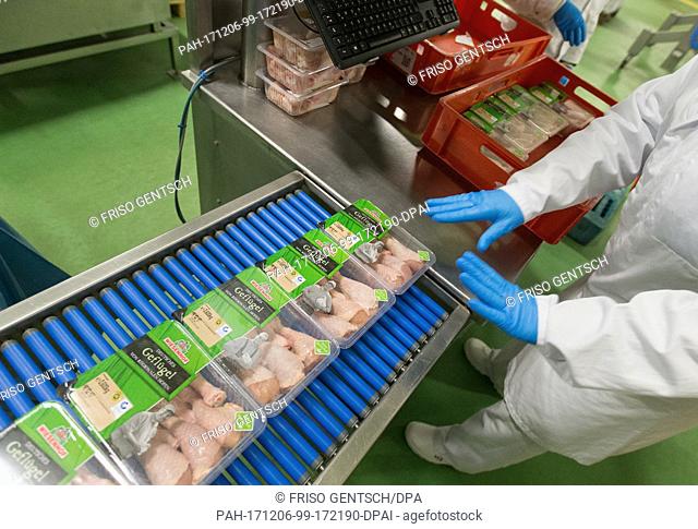 An employee packages poultry in the production halls of the poultry producer Wiesenhof in Lohne, Germany, 05 December 2017