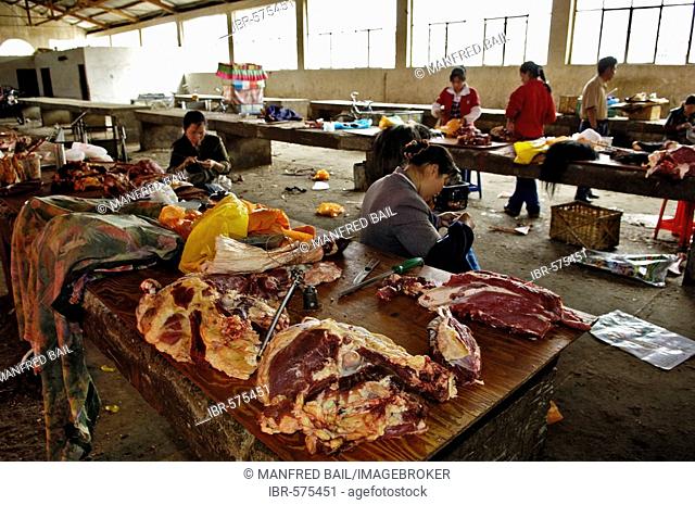 Market hall, meat selling, Gyantse, Tibet, Asia