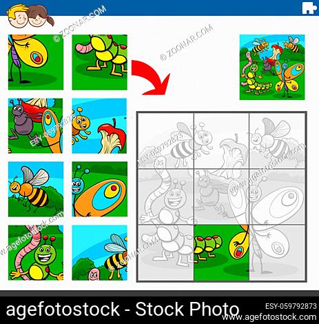 Cartoon illustration of educational jigsaw puzzle game for children with insects animal characters
