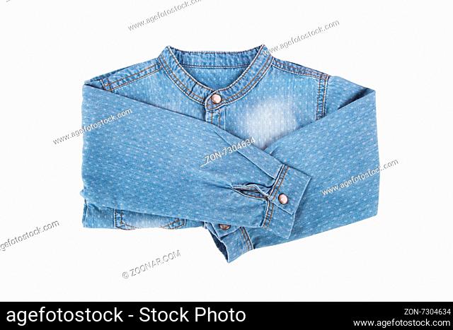 Close up front view of blue denim child long sleeve shirt with crew neck, isolated on white background