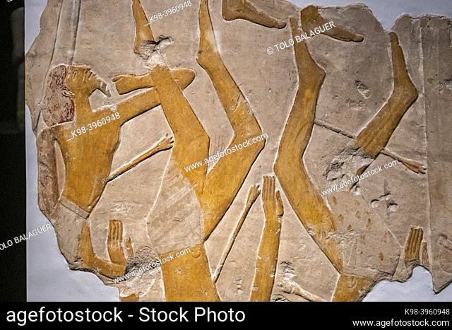 relief fragment of a battle scene, calcareous stone, reign of Mentuhotep II, Macedonian dynasty, 2055-2004 BC, temple of Mentuhotep II, Deir el-Bahari, Thebes