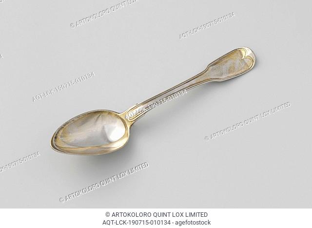 Spoon with the helmet sign Clifford, The egg-shaped bowl of the spoon is connected on both top and bottom by means of a single praise to the flat, curved handle