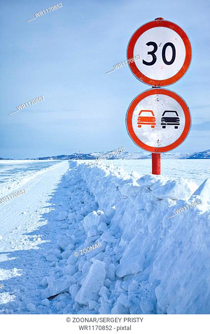 Traffic sign on Baikal ice