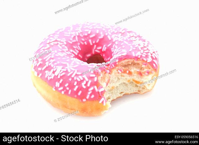 Pink Doughnut With A Bite Missing Isolated On White