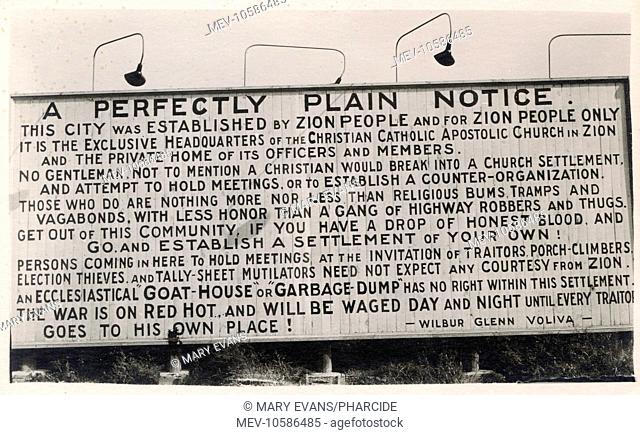 Sign at the border of the city of Zion, Illinois, USA. The city was founded in July 1901 by John Alexander Dowie, an eccentric Scottish priest who founded the...