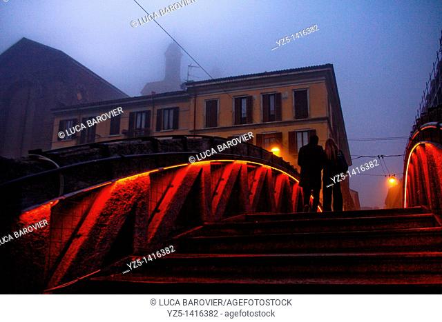 Alzaia Naviglio Grande, Milano Italy -The bridge in the blue hour