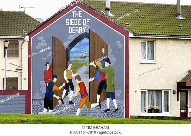 Protest mural depicts The Siege of Derry painted on house wall in Belfast, Northern Ireland