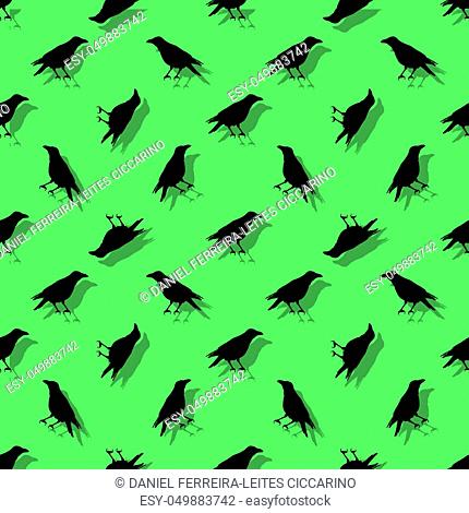 Conversational seamless pattern design with birds silhouette graphic motif in green and black colors