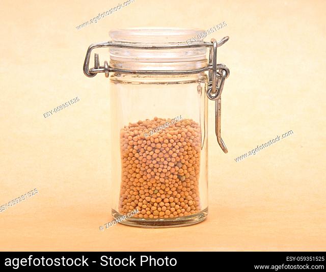 Senfkörner in Glas auf braunem Hintergrund - Mustard seeds in glass on brown background