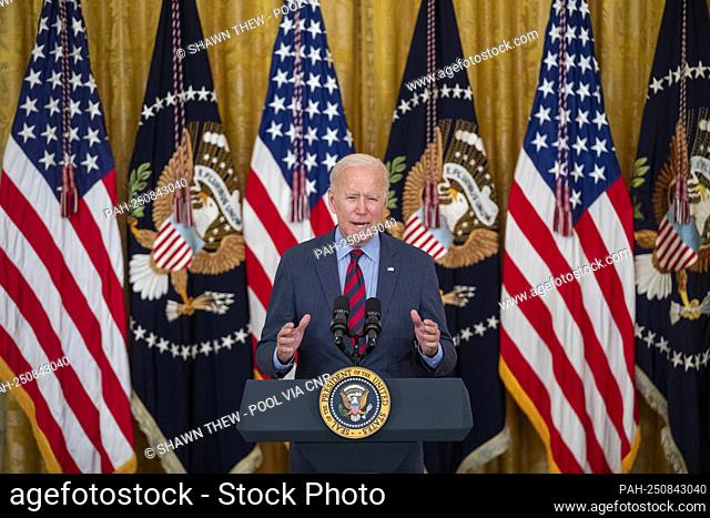 US President Joe Biden delivers remarks on the efforts to get more Americans vaccinated and the spread of the Delta variant in East Room of the White House in...