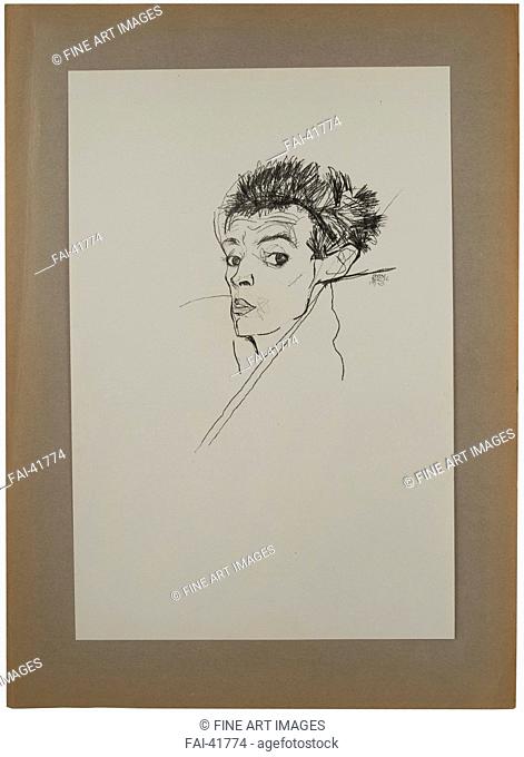 Self-portrait by Schiele, Egon (1890-1918)/Lithography/Expressionism/1913/Austria/Private Collection/Portrait/Graphic arts/Selbstbildnis von Schiele