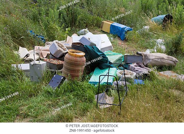 illegal waste dump at the edge of a field near the village Hohenstein, Maerkisch-Oderland district, Brandenburg, Germany, Europe