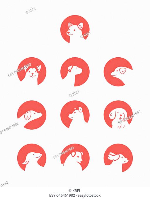 Vector set of dog icons in cartoon style, isolated on white background