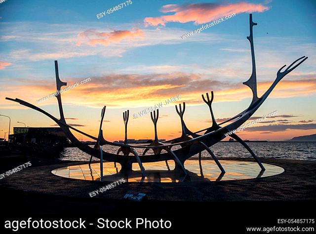 Reyklavik, Iceland - July 28, 2017: Modern Metal Sculpture Resembling to a Viking Long Ship, The Sun Voyager in Reykjavik Harbor, Iceland