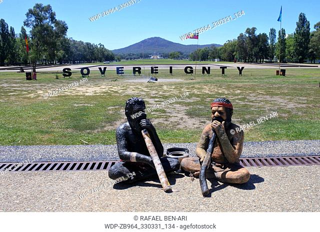 NBERRA - FEB 22 2019:Sovereignty sign at the Aboriginal Tent Embassy in Canberra Parliamentary Zone Australia Capital Territory