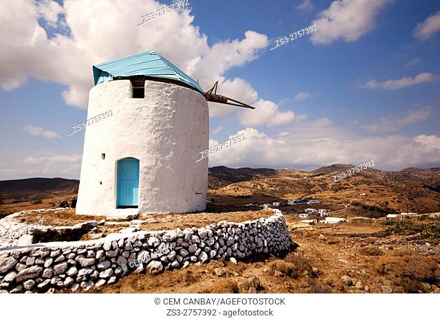 Blue domed traditional windmill situated in the upper part of the old town Chora or Chorio, Kimolos, Cyclades Islands, Greek Islands, Greece, Europe