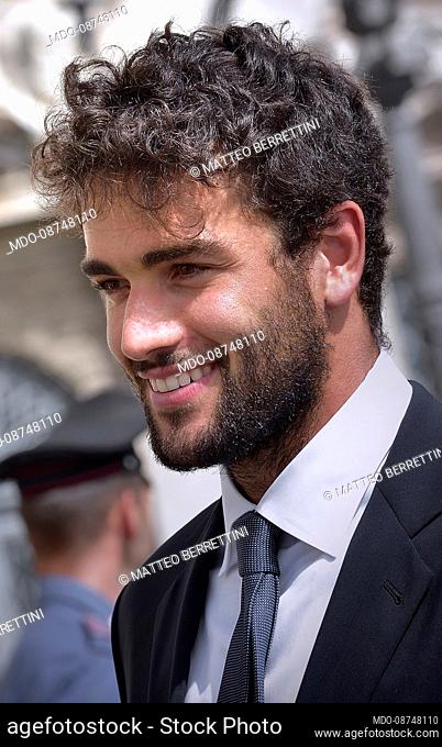 The Italian tennis player and finalist of Wimbledon 2021, Matteo Berrettini arrives to participate in a ceremony with the players of the Italian national...