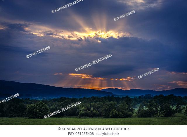 Sunset seen from road in Hrabusice village, on the edge of Slovak Paradise National Park, north part of Slovak Ore Mountains in Slovakia