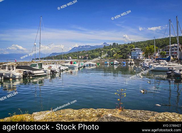 Evian-les-Bains, Haute-Savoie department, Rhone-Alpes, France. Pleasure craft in port on Lake Geneva (Lac Leman)