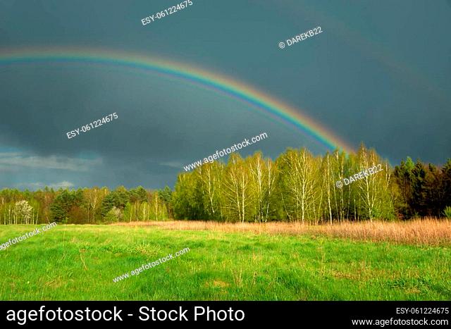 Rainbow and dark cloud over the forest, Czulczyce, Lubelskie, Poland
