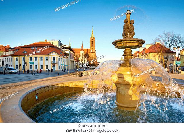 Poland, Podlaskie Province, Bialystok. Fountain on Kosciuszki Square