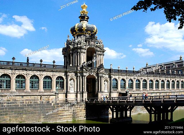 Zwinger palace in Dresden with crown gate as an entrance to the inner courtyard of the baroque building - Germany