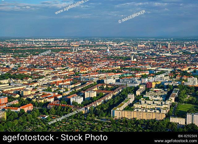 Aerial view of Munich center from Olympiaturm (Olympic Tower) . Munich, Bavaria, Germany, Europe